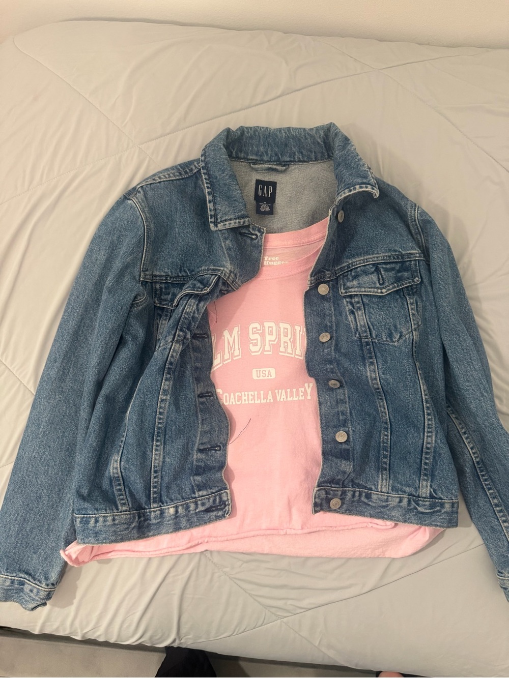 GAP Medium Blue Denim Jacket with Light Pink Graphic Tee